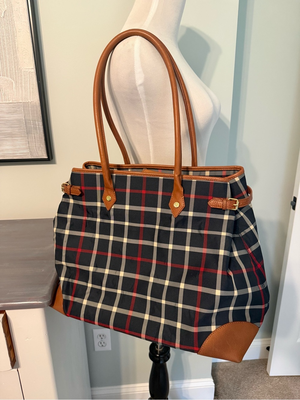 Brooks Brothers Classic Plaid Tote Bag with Tan Leather Trim